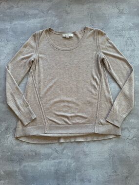 LOFT Neutral Tan Crewneck Pointelle Lightweight Sweater, Beige Small
